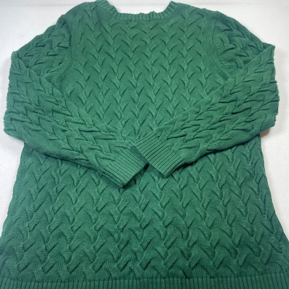 Lands' End Sweater Mens 1X Green Cotton Cable Knit Crewneck Long Sleeve Pullover